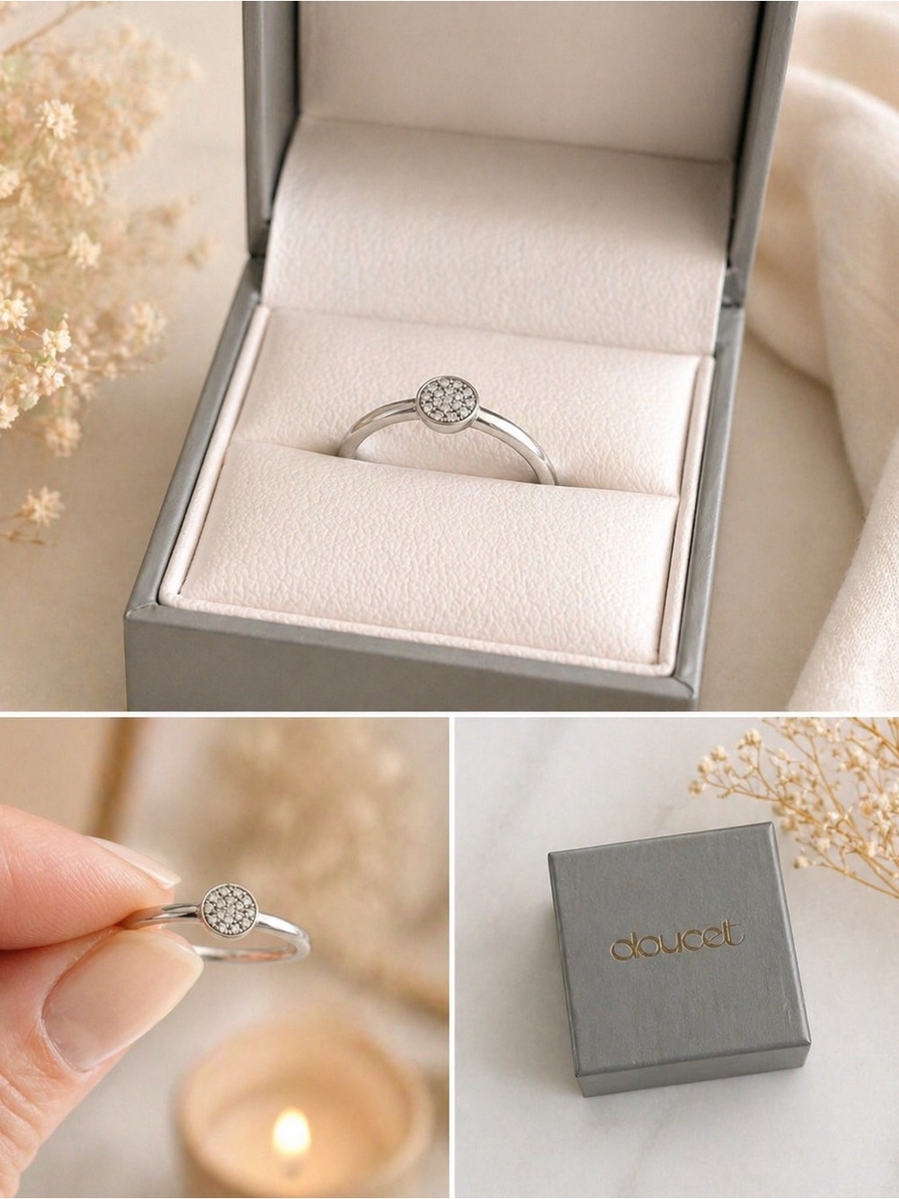 10K White gold ring set with small Réal diamonds in the center